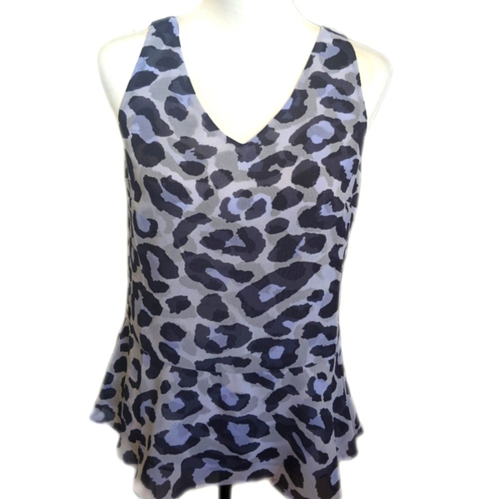 Cabi Style #5536 The Feline Blouse, Lt Blue/Grey & Black, Polyester Xs